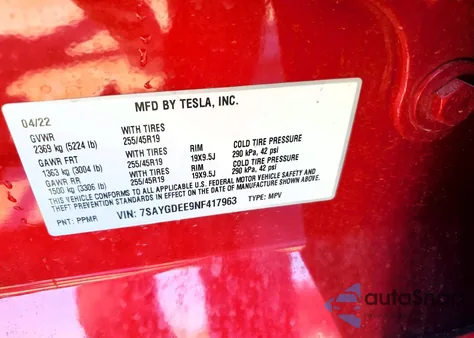 2022 Tesla Model Y from USA, damaged, VIN 7SAYGDEE9NF417963